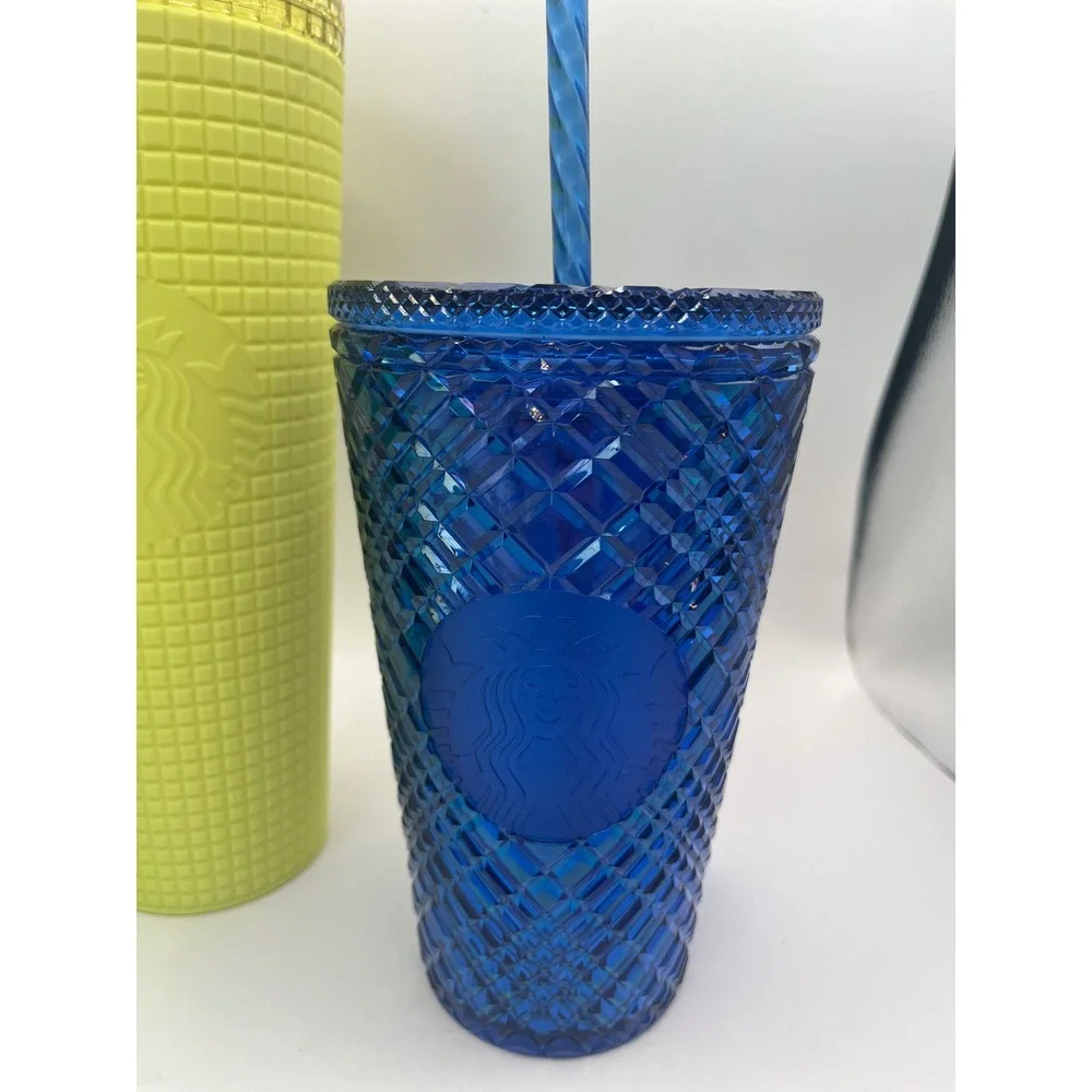 Starbucks Tumbler Set 3pc Studded Grid Diamond Green Yellow Blue 24oz 16oz Cup